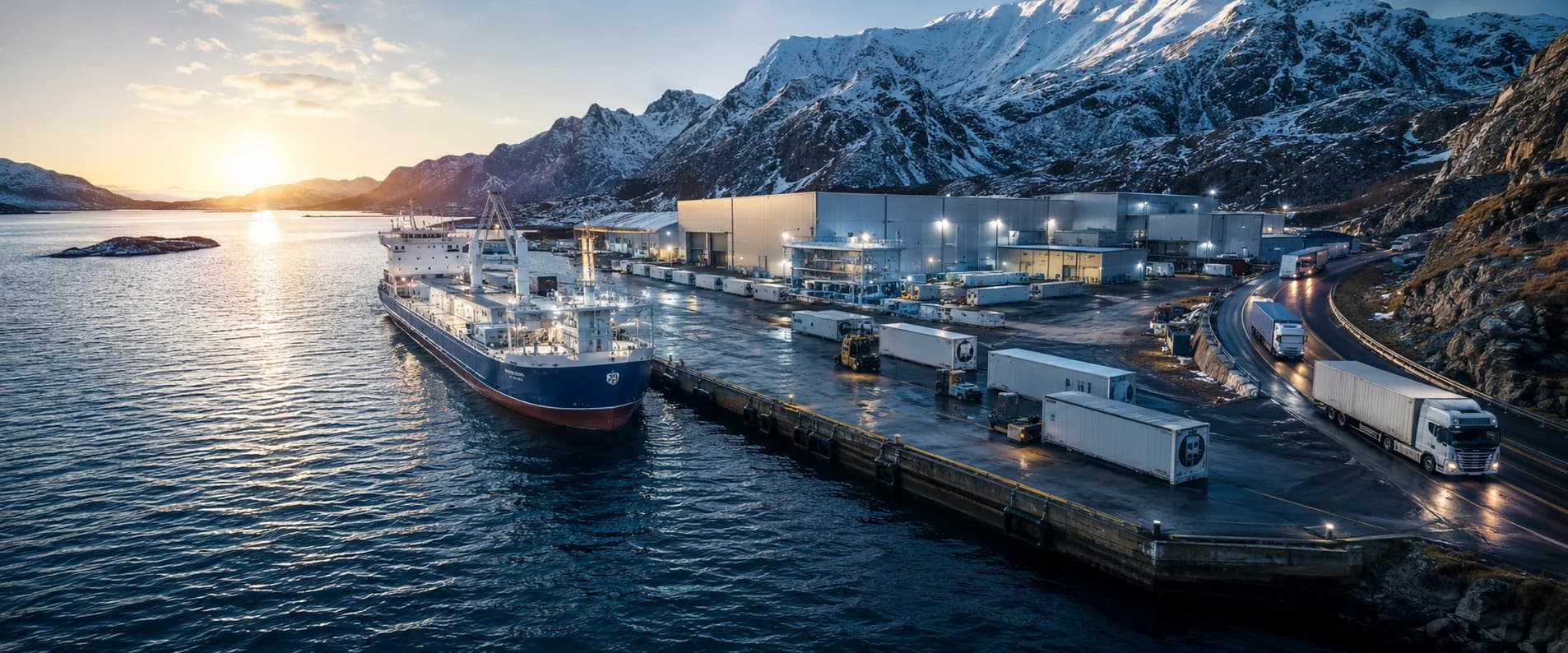Norwegian seafood terminal at dawn with reefer containers, trucks and a coastal vessel alongside