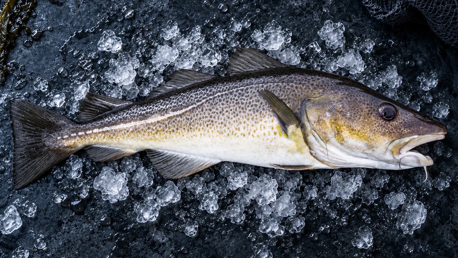 A whole Atlantic cod on wet granite with a fjord behind