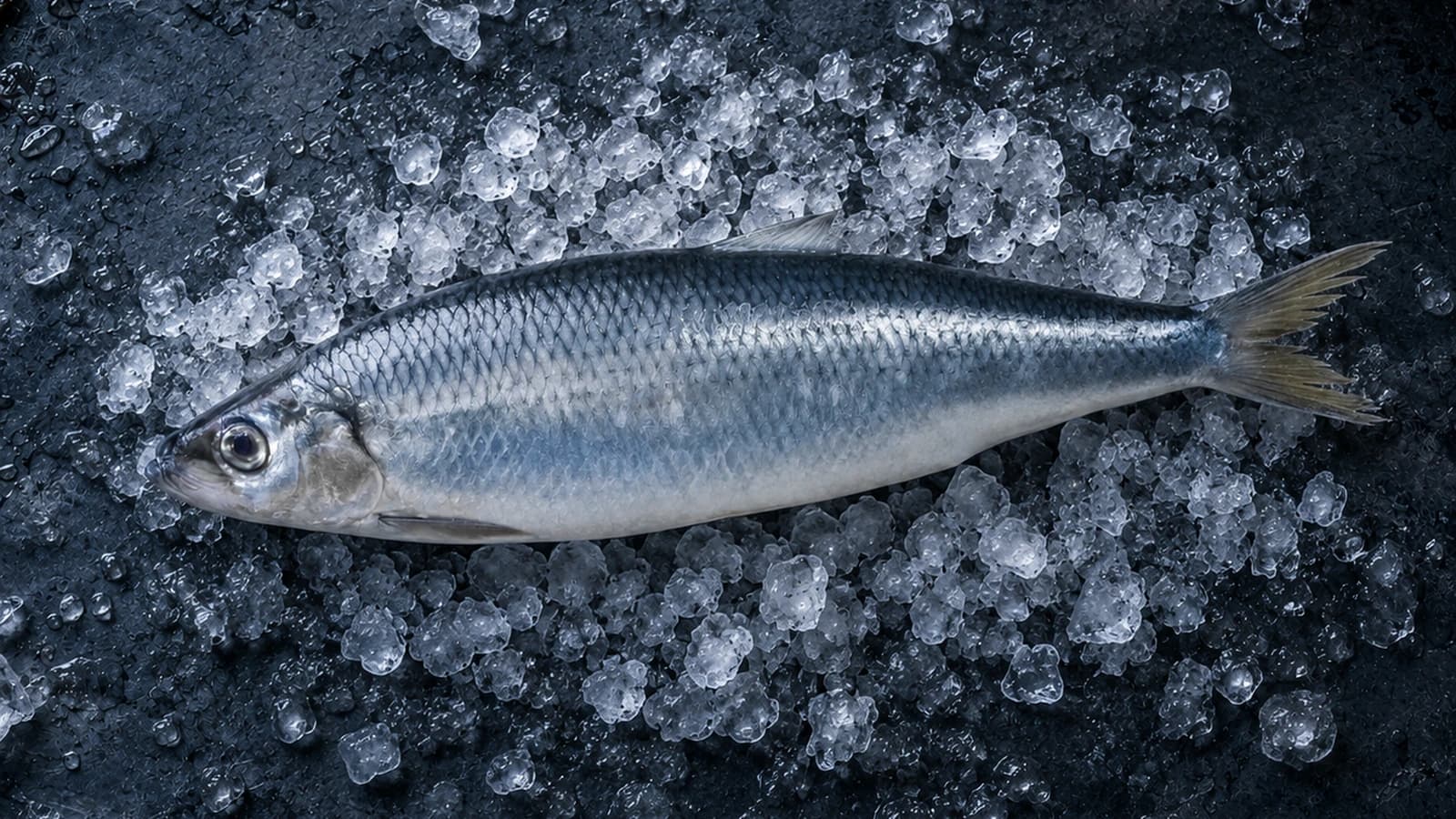 Four whole silver herring laid out on crushed ice
