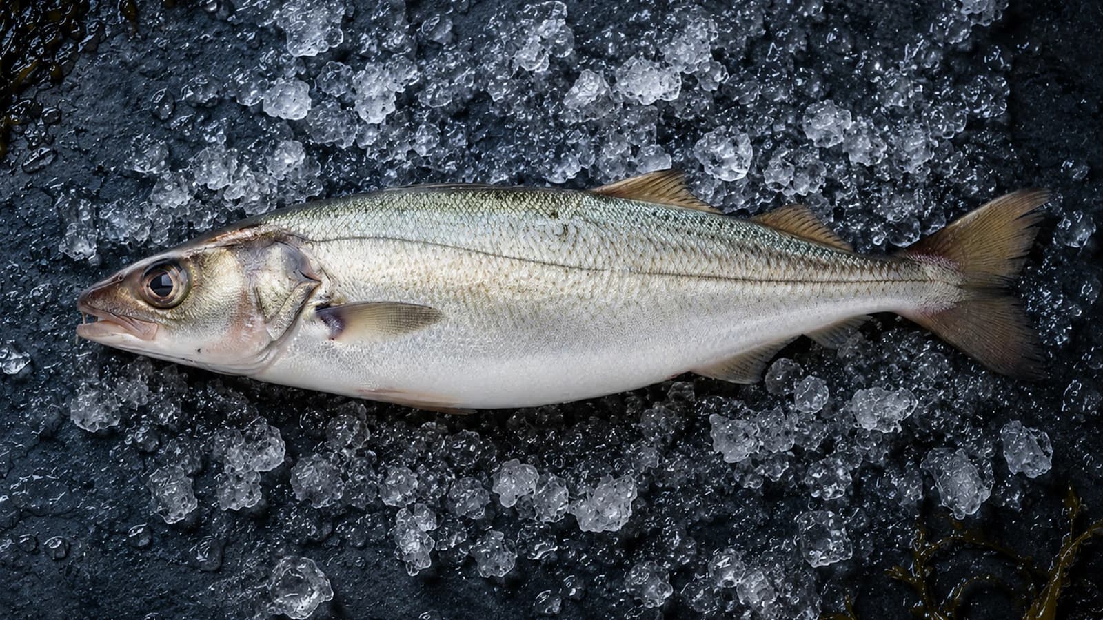 A whole haddock on crushed ice on dark slate