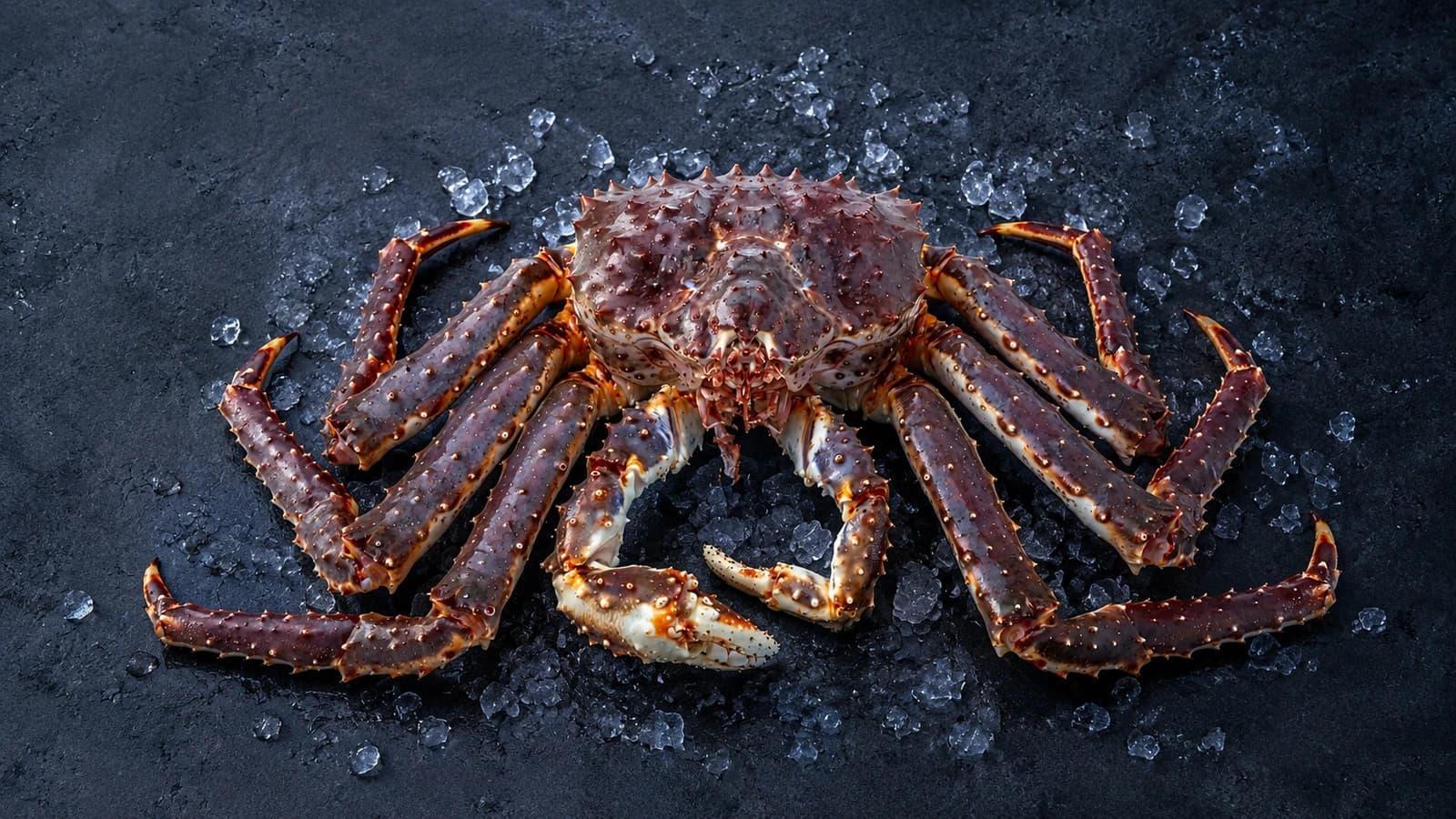 A whole red king crab on dark slate with ice, the heavily spined carapace and long legs visible