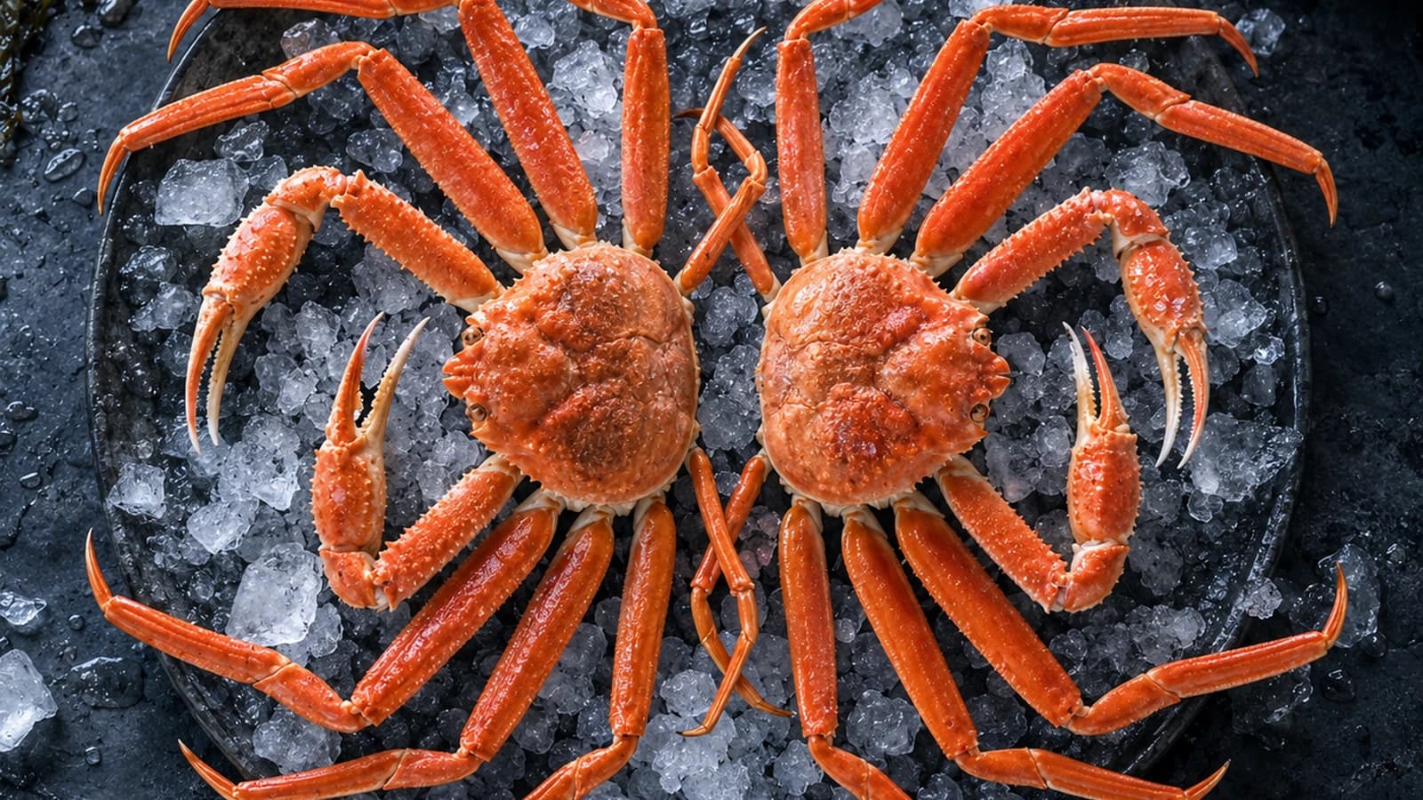 Cooked snow crab, Chionoecetes opilio, small round body with the long slender legs the product is graded on